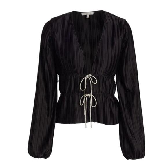 WAYF Payton Tie Front Long Sleeve Blouse Women's Cardigan Rhinestone Black Sz 8 - Picture 2 of 14